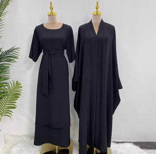 AQSA Short Sleeve Inner Dress With Open Abaya and Belt