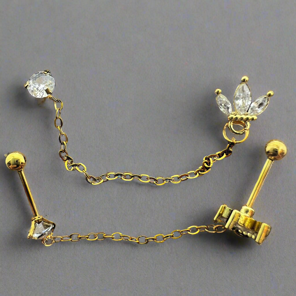 Stainless Steel Chain Stud/Mini Crown Ear Piercing (Model 2)