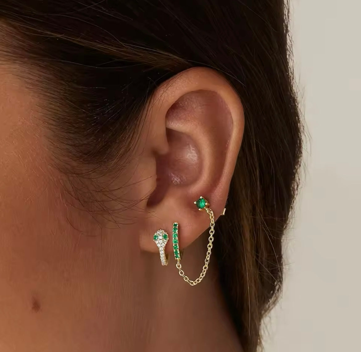 Silver 925 Emerald Color Chain Ear Piercing