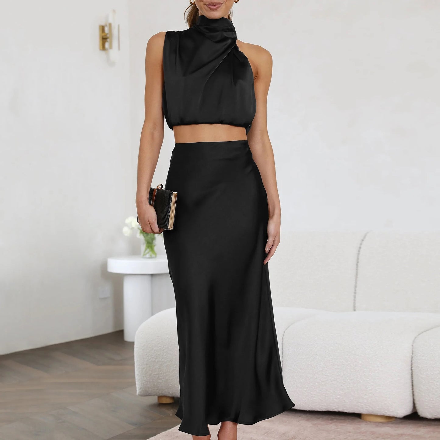 BONITO Satin Two Piece Set Crop Top and Skirt