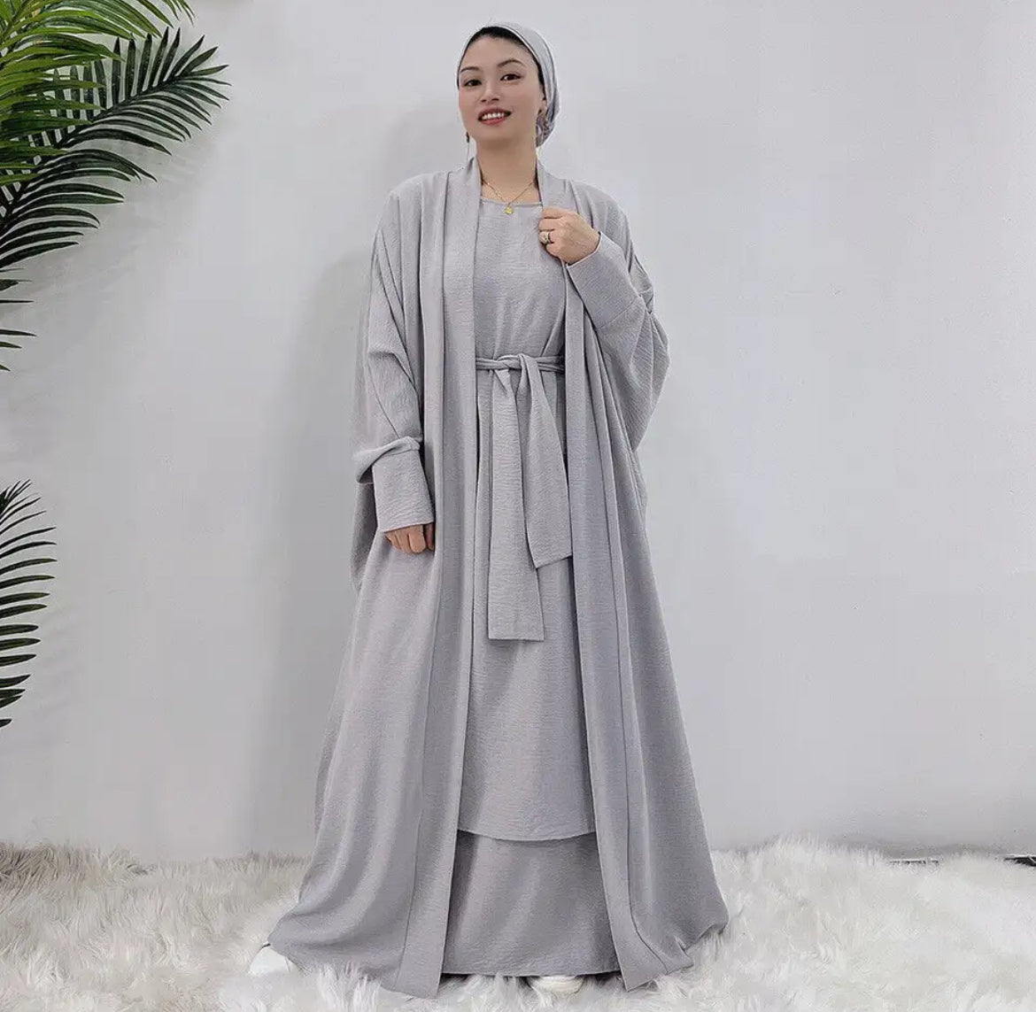 AQSA Short Sleeve Inner Dress With Open Abaya and Belt