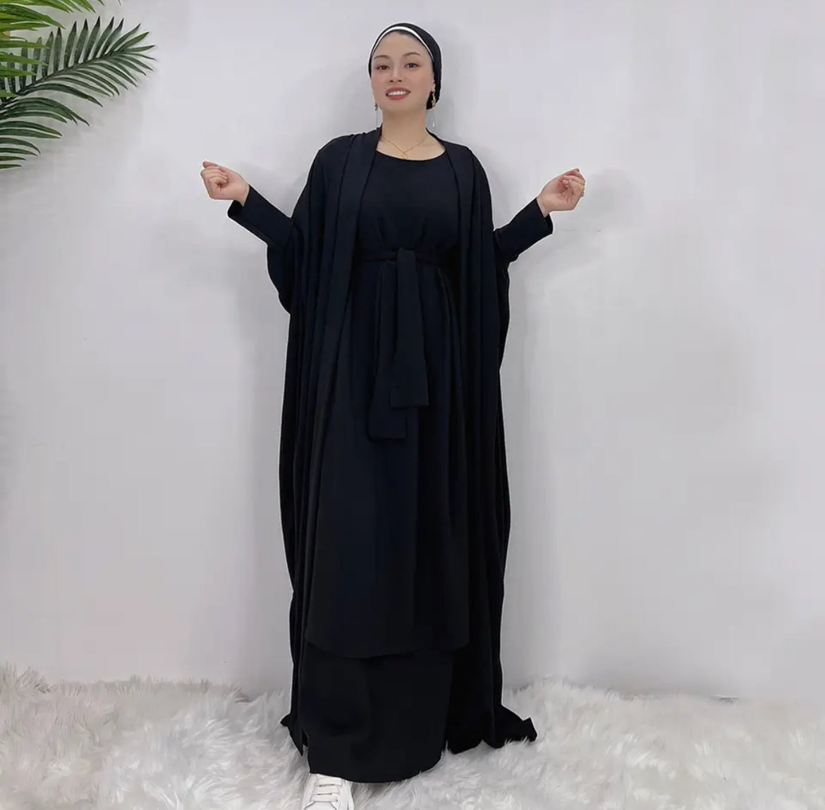 AQSA Short Sleeve Inner Dress With Open Abaya and Belt