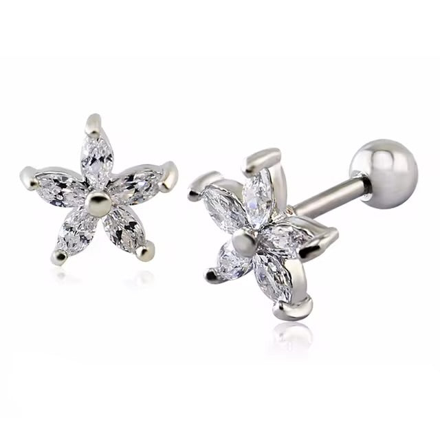 Stainless Steel Silver Transparent Flower Ear Piercing