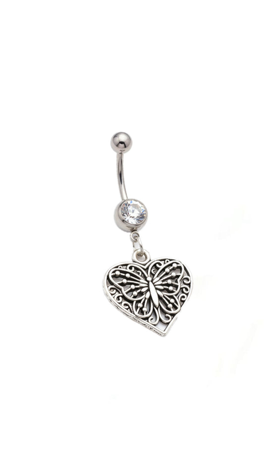 Butterfly Detail Heart Charm Navel Belly Ring