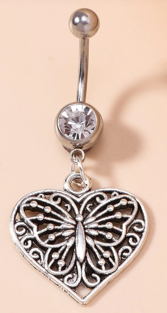 Butterfly Detail Heart Charm Navel Belly Ring